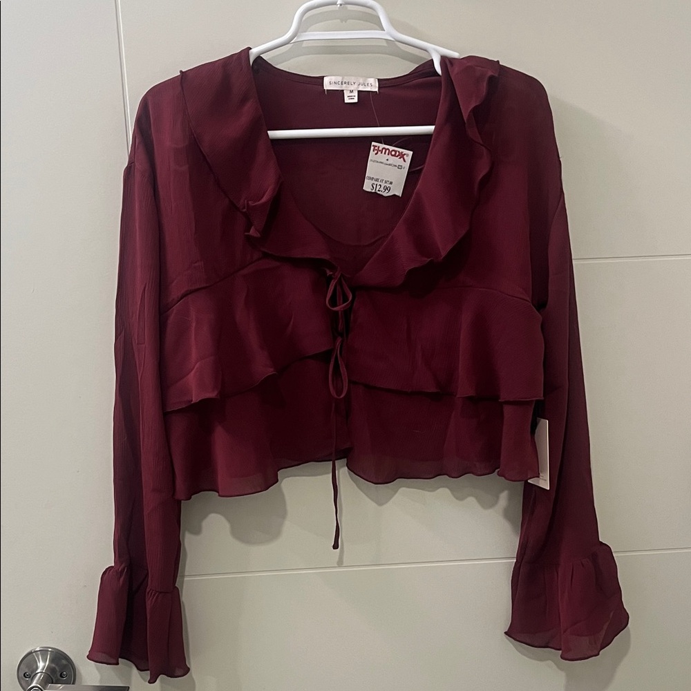 Sincerely Jules NWT: Burgundy Ruffle Sheer Blouse